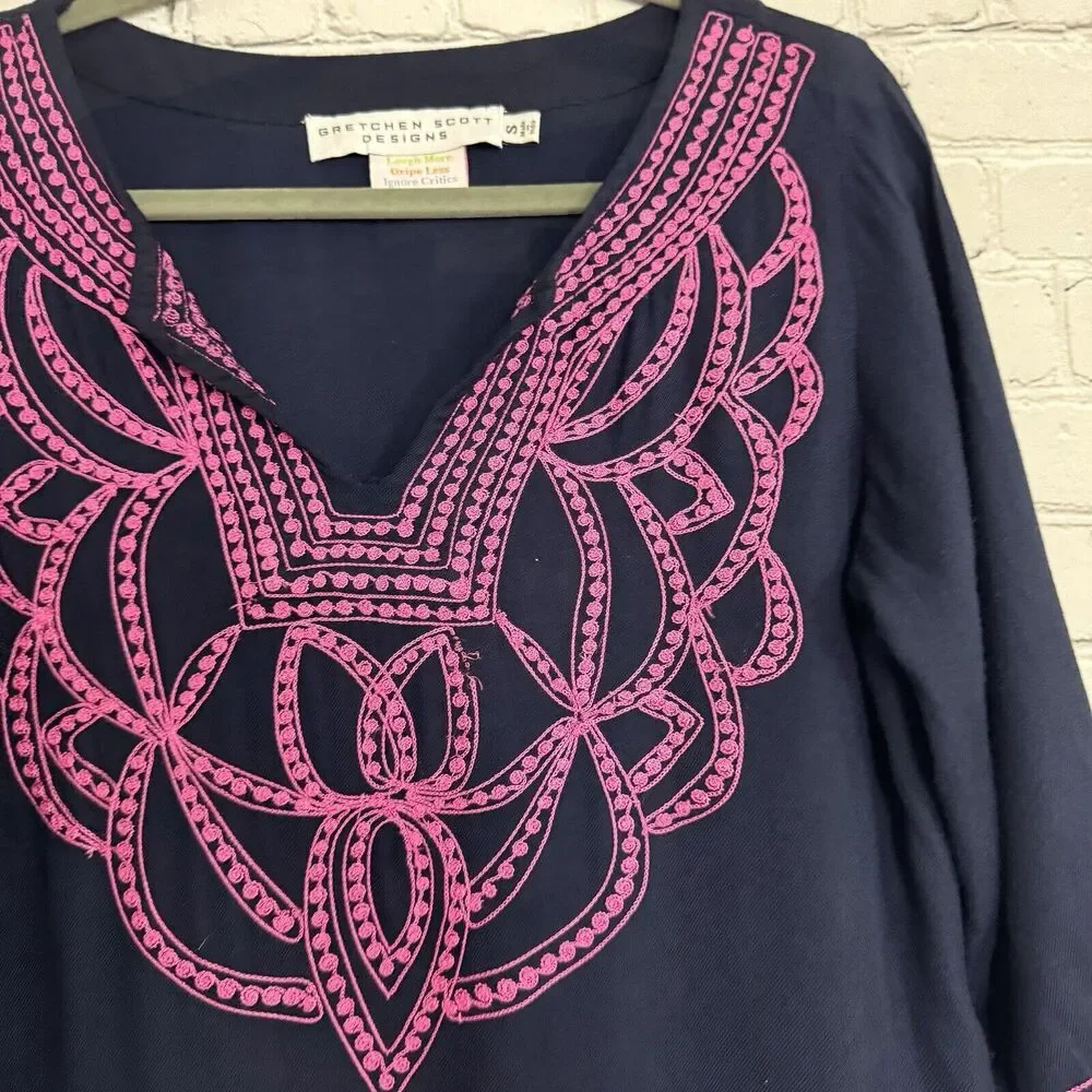 Gretchen Scott Designs Embroidered Split Neck Tunic Dress Womens S in Navy Pink
